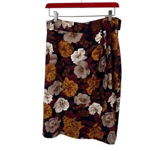 Jones New York Floral Wrap Skirt WMNS 14 Maroon/Yellow/White Side Zip Midi Lined